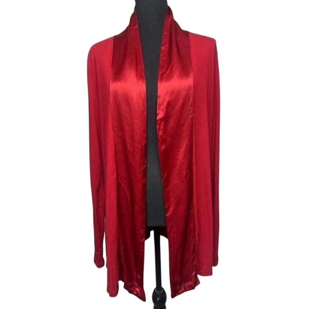 PJ Harlow Shelby Rib Knit Satin Trim Open Lounge Cardigan Jacket Medium